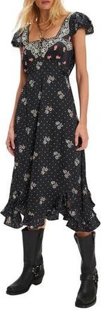 Free People Haven Embroidered Lace Trim Satin Midi Dress in Black Combo at Nordstrom Rack, Size X-Large