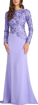 Tadashi Shoji Floral Embroidered Long Sleeve Mermaid Gown in Lavender Mist at Nordstrom, Size 16