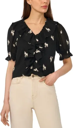 CeCe by Cynthia Steffe Embroidered Floral Ruffle Top in Rich Black at Nordstrom, Size Xx-Small