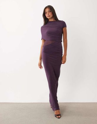 Asos abito a colonna in mesh drappeggiato con cut-out color prugna-Viola