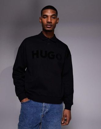 HUGO BOSS HUGO Red - Dimolox - Polo oversize stile rugby nera con logo tono su tono-Nero