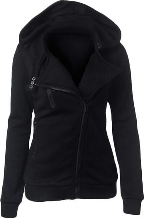 Yonglan Women Oblique Zipper Hoodie Jacket Sweatshirt Solid Color Slim Hooded Coat Outwear Black XL