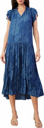 Current Air Ditsy Jacquard Ruffled Neck Dress In Parisian Blue