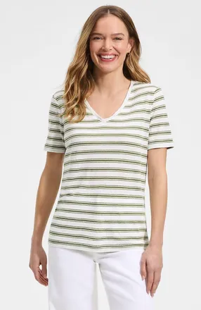 Lands End Short Sleeve Linen Blend V-Neck Tee in Ivory/artichoke Rail Stripe at Nordstrom, Size X-Large