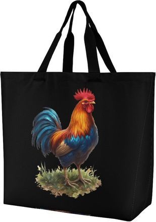 Generic Rooster Colorful Reusable Shopping Bags One Shoulder Grocery Tote Bag Waterproof Big Purse for Work Travel