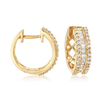 Ross-Simons Round and Baguette Diamond Hoop Earrings in 18kt Gold Over Sterling
