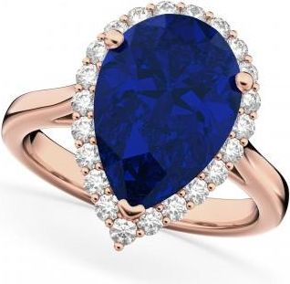 Allurez Pear Cut Halo Blue Sapphire & Diamond Engagement Ring 14K Rose Gold 8.34ct