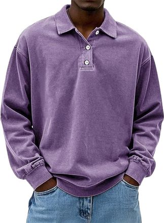 Generic Mens Long Sleeve Polo Shirts Retro Washed Distressed Shirt Button Down Lapel T-Shirts Retro Cotton Tops Blouse Tees Camisa para Hombre Manga Larga(Pur