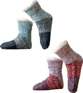 Generic Knitted Ultra-thick Slipper Home Socks, Tri-color Patchwork Cashmere Calf-Length Sock with Non-Slip Grippers for Women, Fluffy Fleece Lining for Warm 