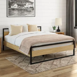 IDMarket Cama Doble Detroit Con Somier De 140x190cm Efecto Madera Y Metal Negro