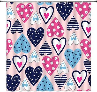 OEM Cortina De Ducha Para El D&iacute;a De San Valent&iacute;n: Estampado De Corazones En Rosa, Azul Y Azul Marino, Dise&ntilde;o Rom&aacute;ntico Bohemio, 91 X 178 Cm, Con Ganchos, 