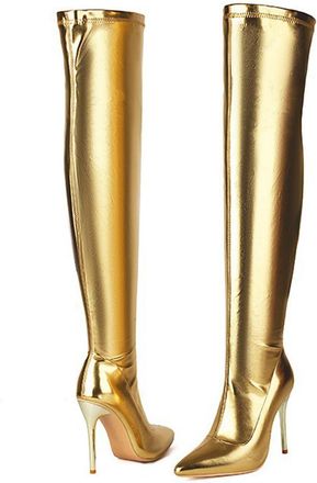 Generic Gold,5.5 UK,Womens Thigh High Boots Over The Knee Stiletto Heels Long Pointed Toe Boots Patent Leather PU Side Zipper Party Dating Dress Shoes