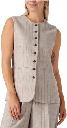 Selected Beige Linnen Lang Vest voor Zomer - Dames - Bodywarmers - Beige - S - Linnen - Jassen