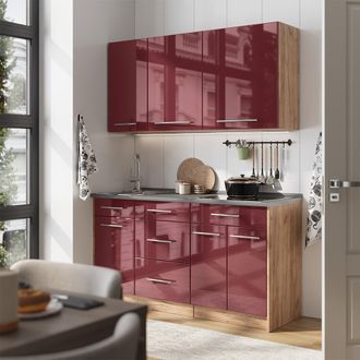 Vicco Cocina Para Solteros Fame-line, Rojo Burdeos Alto Brillo/roble Dorado, 150 Cm, Et Antracita, Vicco
