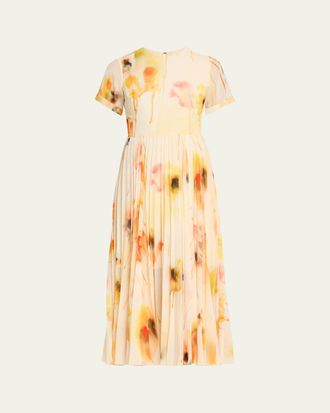 Jason Wu Pleated Watercolor-Print Midi Dress