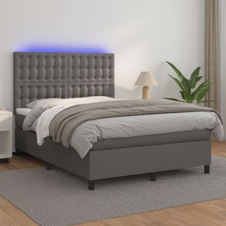 vidaXL Vidaxl - Cama Box Spring Colch&oacute;n Y Led Cuero Sint&eacute;tico Gris 140x200 Cm