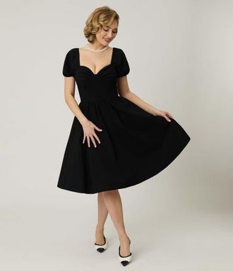 Unique Vintage Sweetheart Puff Sleeve Swing Dress in Solid Black at Nordstrom, Size Medium