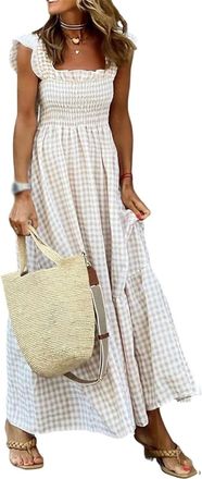 Generic Womens Retro Plaid Smocked Dress Spaghetti Strap Flounce Long Dress, Square Neck Flowy A-line Boho Beach Sundress (Off-White,M)