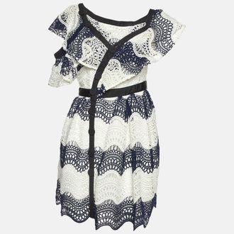 Self Portrait Navy Blue Wavy Guipure Lace Mini Dress