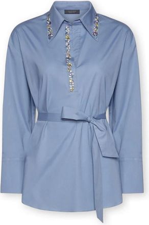 Elena Miro Poplin Blouse Met Kristallen - Dames - Blouses - Blauw - M - Katoen - Overhemden