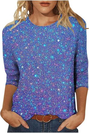 Generic Party Top, Sparkly Tops for Women UK 3/4 Sleeve Top Sequin Glitter Graphics Print Tunic Trendy Casual Evening Party Going Out T-Shirt Pullover Loose F