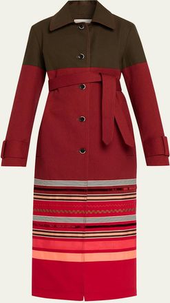 Christopher John Rogers Embroidered Stripe Belted Long Trench Coat