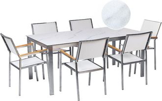 Beliani Stainless Steel Modern 6 Seater Garden Dining Set Table Glass Top Marble Effect Textilene Chairs White Cosoleto