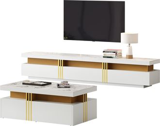 STILVORA Conjunto Mueble Tv Mural Con Mesa De Centro, Almacenaje Multifunci&oacute;n, Para Sal&oacute;n Moderno, Tablero De Part&iacute;culas, Blanco
