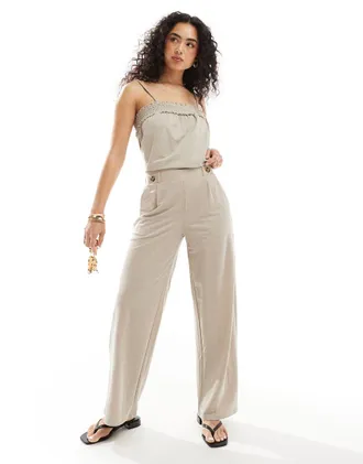 Jacqueline de Yong high waisted cropped wide fit pants in beige - part of a set-Neutral