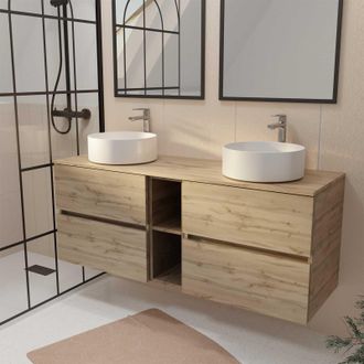 Aurlane Aurlane - Mueble De Ba&ntilde;o 140cm Roble - 4 Cajones Y M&oacute;dulo - Lavabos Blancos &Oslash;36cm