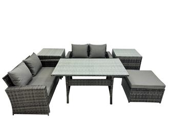Fimous 5 Seater Outdoor Dining Table Double Seat Sofa 2 Side Table Stool Set in Dark Grey