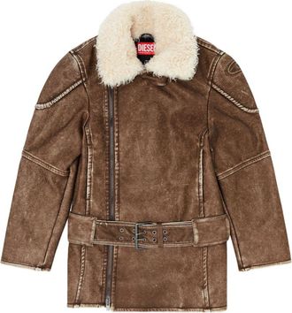 Diesel Distressed Brown Leather Coat with Plush Shearling Collar