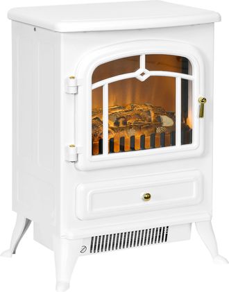HOMCOM Freestanding Electric Fireplace Indoor Heater Glass View Log Wood Burning Effect Flame Portable Fireplace Stove 950/1850W White | TJ Hughes
