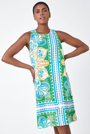 Roman Scarf Print Satin Feel Shift Dress