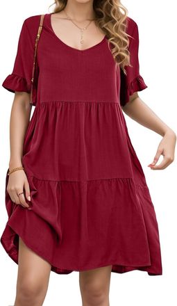 SHEKINI Womens Summer Dress Ruffle Short Sleeve Crew Neck Tiered Casual Dress Swing Flowy Dress with Pockets Solid Color Cocktail Party Work Dresses