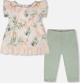 Deux par Deux Muslin Tunic and Pointelle Leggings Set Peach Deer Print in Peach Deer Print & Green at Nordstrom, Size 3M