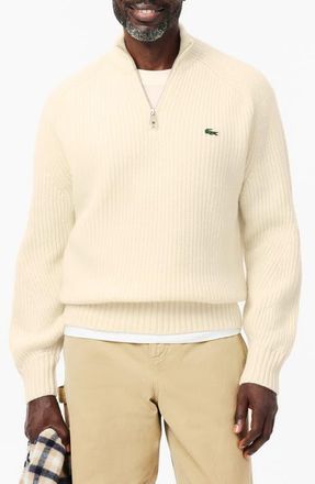 Lacoste Classic Fit Quarter Zip Wool Rib Sweater in Lapland at Nordstrom, Size 8