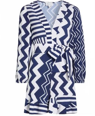 Milly Womens Liv Patchwork Chevron Pleated Dress In Navy Multi