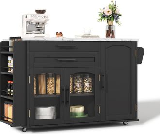 STILVORA Carro De Cocina Con 2 Puertas, 2 Cajones, Encimera Abatible Y Ruedas, En Mdf, Negro, 120 X 45(70) X 90 Cm