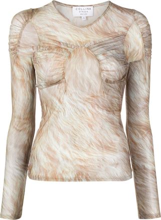 Collina Strada Arc blonde fur-print mesh top - women - Spandex/Elastane/Polyester - S - Neutrals