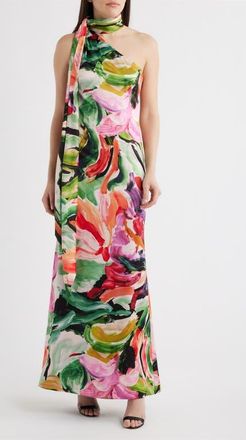 Vince Camuto Abstract Painterly One-Shoulder Cocktail Dress in Green/Black Multi at Nordstrom, Size 14