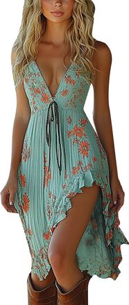 Generic for Women Sexy Spaghetti Strap Deep V Neck Western Dresses Tie Front Lace Trim Women Dresses (Mint Green-B, L)