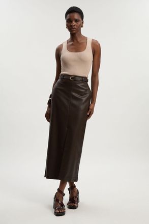Karen Millen Womens Faux Leather Tailored Midi Pencil Skirt - Chocolate - Size 16 UK