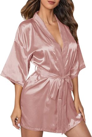 Generic Fccrian Satin Dressing Gown For Women WomenS Silk Dressing Gown Soft-Satin Kimono Wedding Robe With Belt Soft Comfort V Neck Bride Bridesmaid Bathrobe