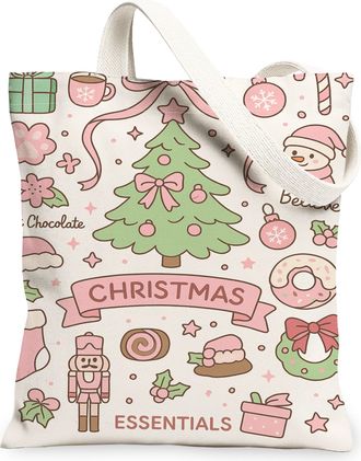Generic Christmas Tree Canvas Tote Bags, Cute Holiday Design Reusable Bags, Vintage Lightweight Washable Shoulder Strap Canvas for, Peach, 13x15 Inch