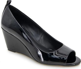 Kenneth Cole Elinor Pumps Black Patent Peep Toe Wedge Heel HAWK067
