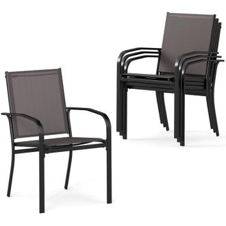Costway Set di 2/4 Sedie da Pranzo per Esterni, Sedia da Giardino Impilabili con Tessuto Traspirante, Braccioli, Schienale Alto e Telaio in Metallo