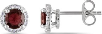 Mimi & Max Garnet and Diamond Halo Stud Earrings in Sterling Silver