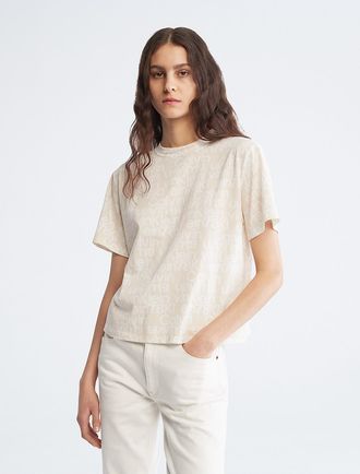 Calvin Klein Womens Allover Logo Crewneck T-Shirt - White - XXS