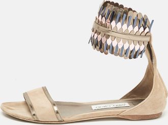 Jimmy Choo London Beige Suede Kimro Fringe Ankle Cuff Flat Sandals